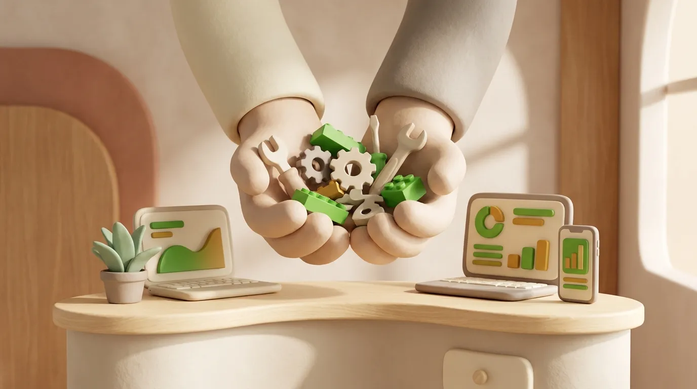 Oversized clay hands holding miniature tools, gears and green blocks.