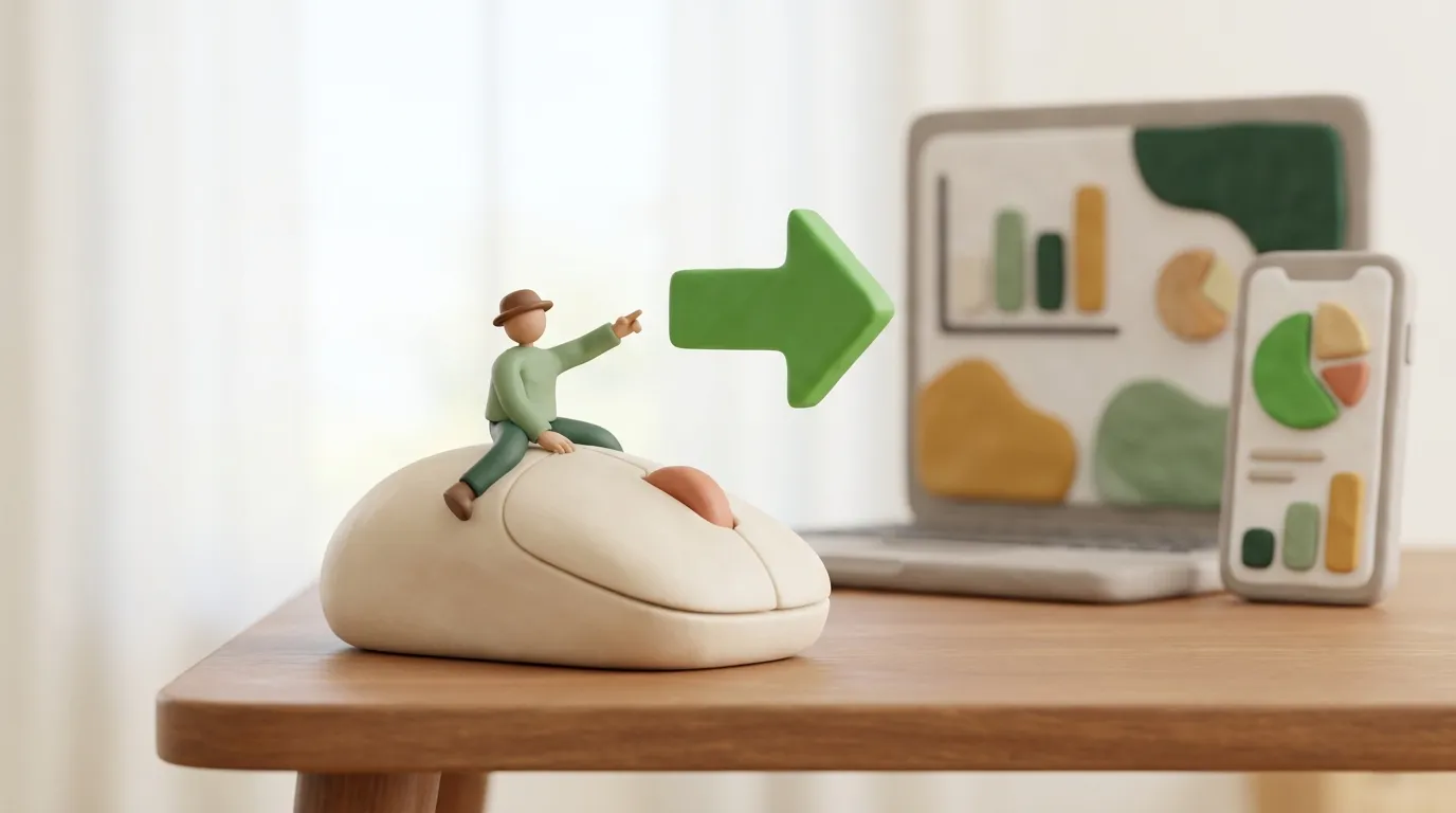 Tiny clay figure riding an oversized clay mouse toward a green arrow.