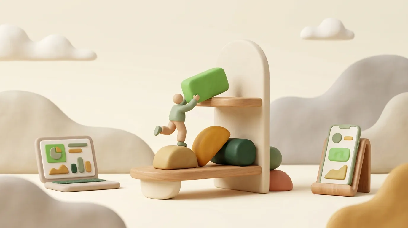 Tiny clay figure moving a green block from a low shelf to a tall shelf.