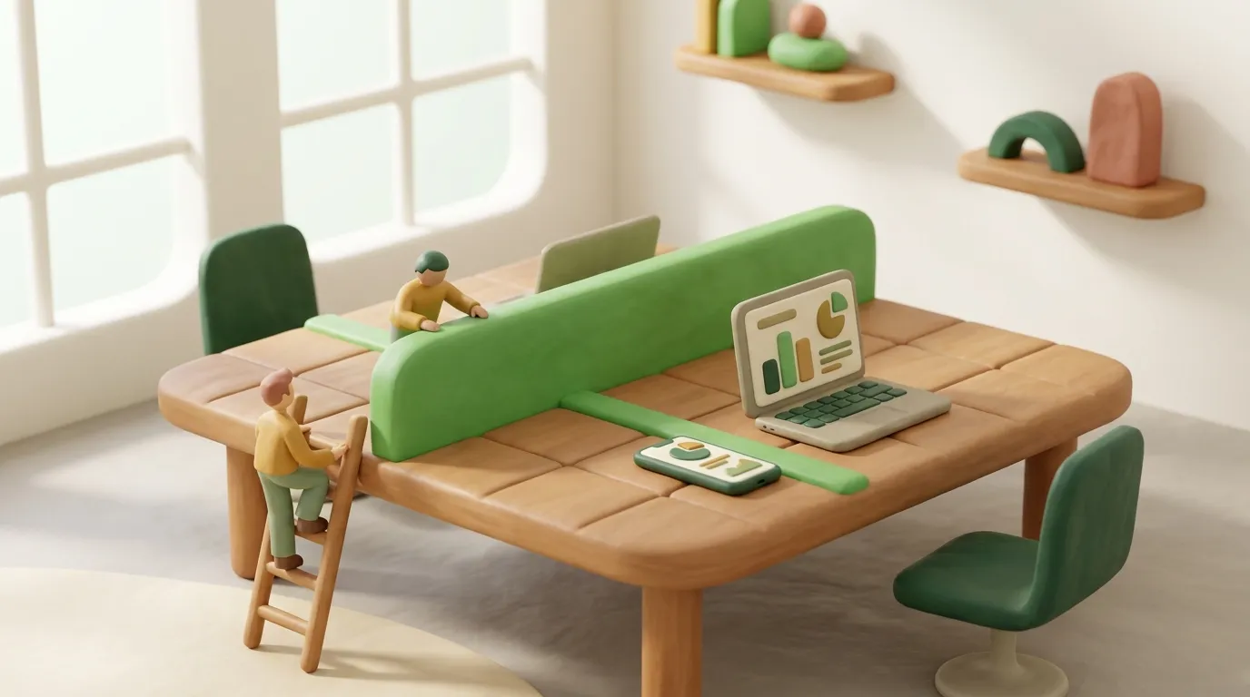 Clay grid table with a raised green row and column, a tiny figure peering over it.