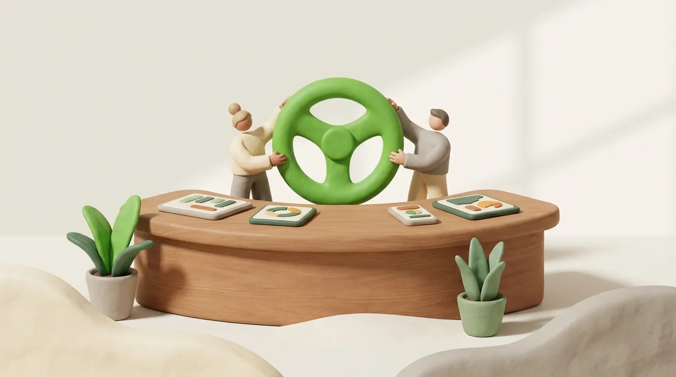 Two tiny clay figures turning the same large green wheel from opposite sides.