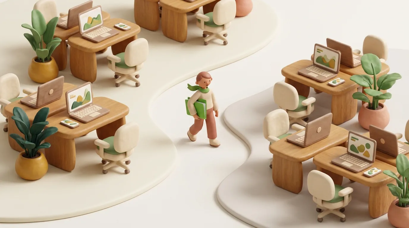 Miniature clay office with a tiny figure carrying a green folder between desks.
