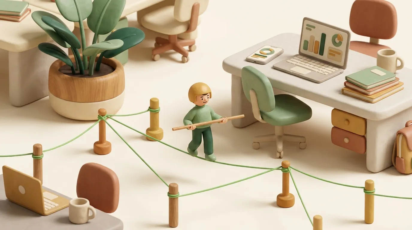 Tiny clay figure tightrope-walking a green thread in a clay web.