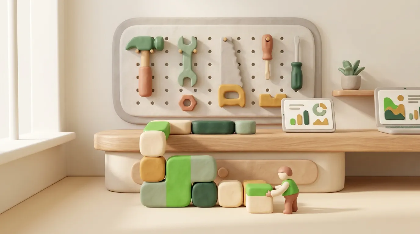 Clay workbench with toy tools on a pegboard and blocks laid out in sequence.
