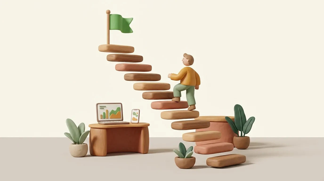 Tiny clay figure climbing floating steps toward a green flag.