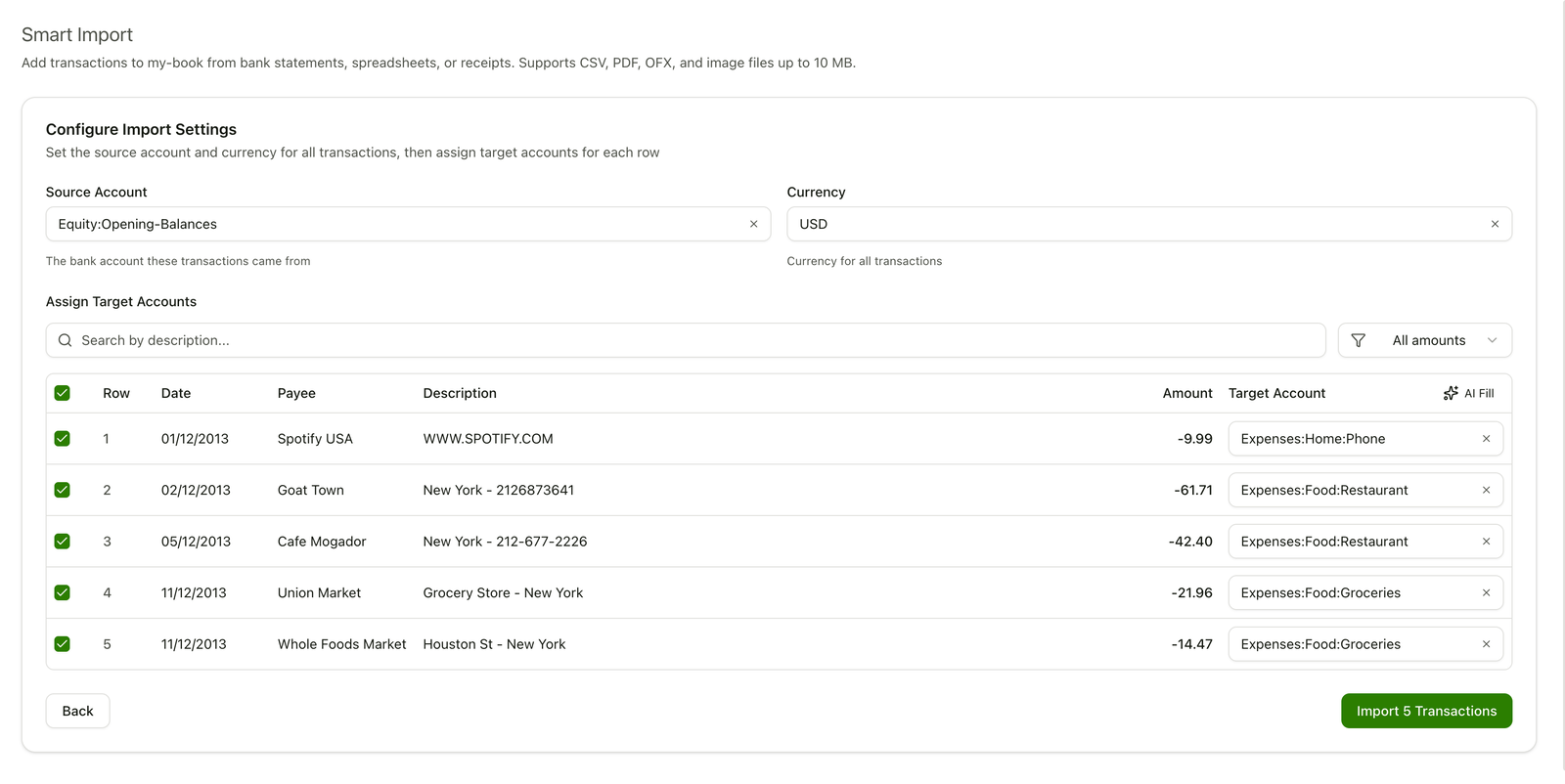 Smart Import assigns imported transactions to ledger accounts for review before writing them.