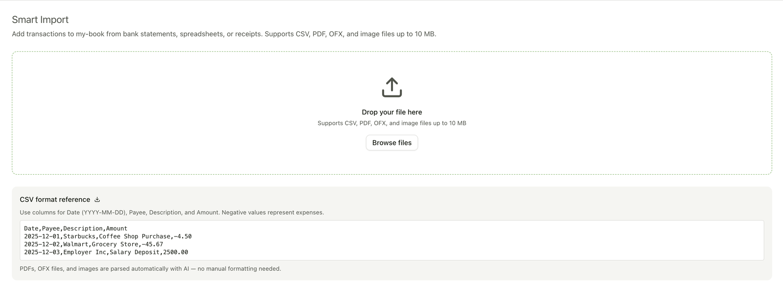 Smart Import upload screen with a drop zone that accepts CSV, PDF, OFX, and image files up to 10 MB.